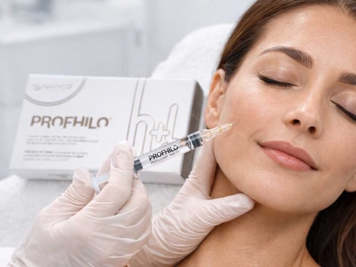 Provider injecting Profhilo into a client's cheek, with the Profhilo box visible in the background
